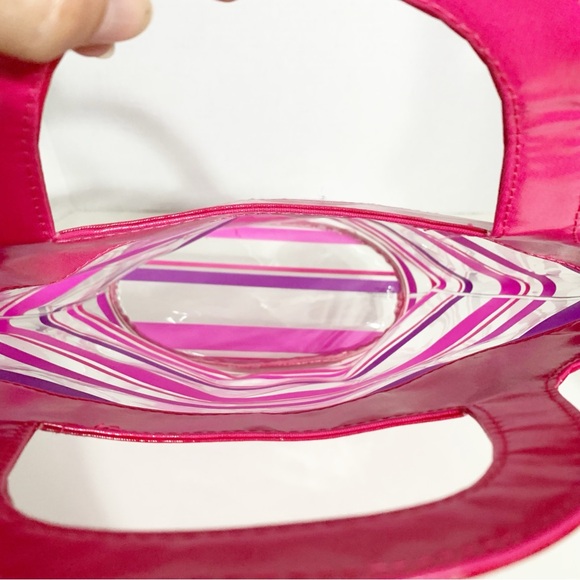 Bath and Body Works Clear Plastic Striped Tote Bag Oval Bottom Patent Handles - Picture 5 of 7